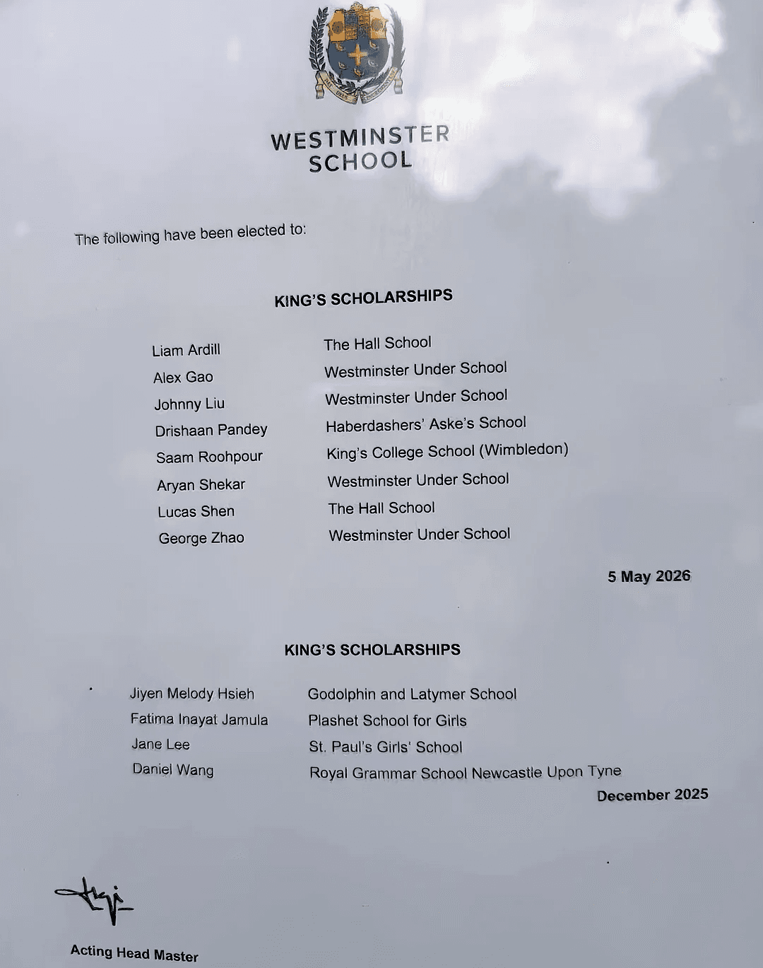华裔学生更会考试?威敏斯敏斯特公学公布最新国王奖学金名单!